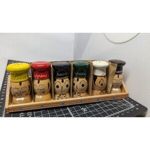 Vtg 50s Ucagco Japan Hand Painted  Spice Rack Anthropomorphic 6 Jars chef head